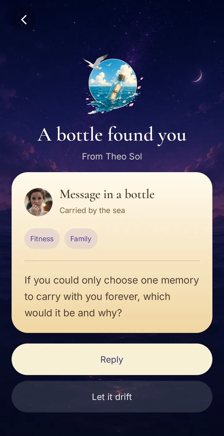 A Bottle discovered through shared interests in the Pigeon app.