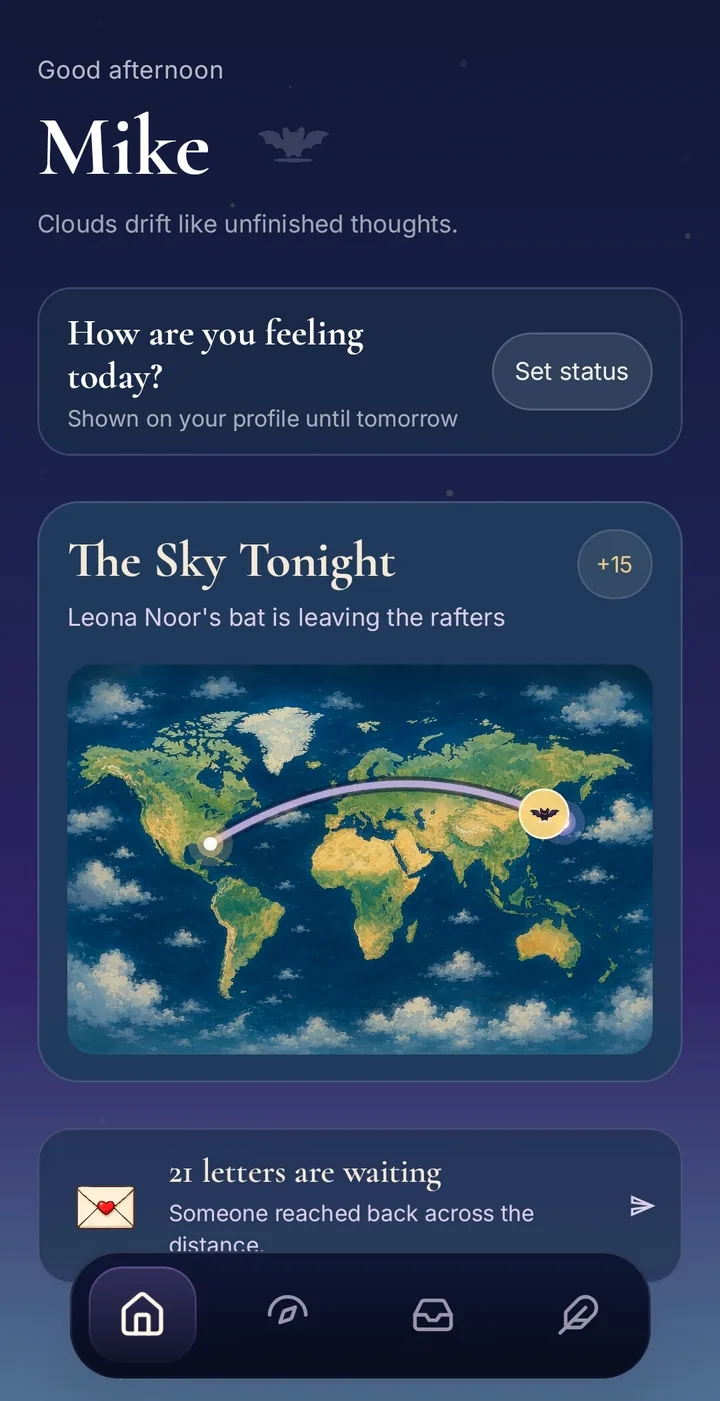Pigeon home screen with a message traveling across a map.